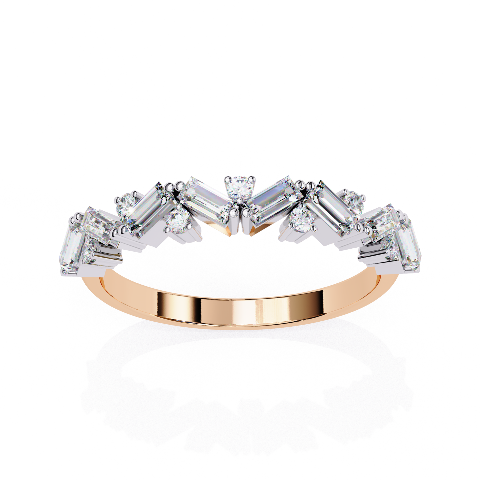 Side view of a rose gold band with baguette diamonds and round stones in a curved design
