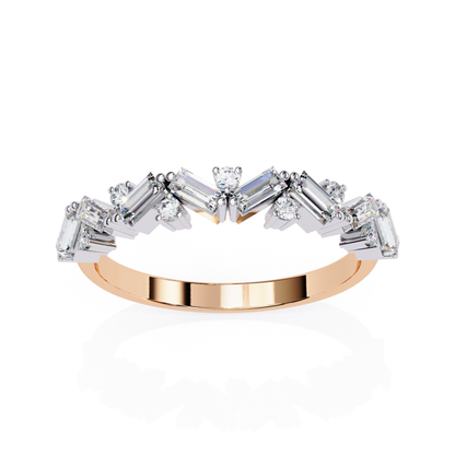 Side view of a rose gold band with baguette diamonds and round stones in a curved design