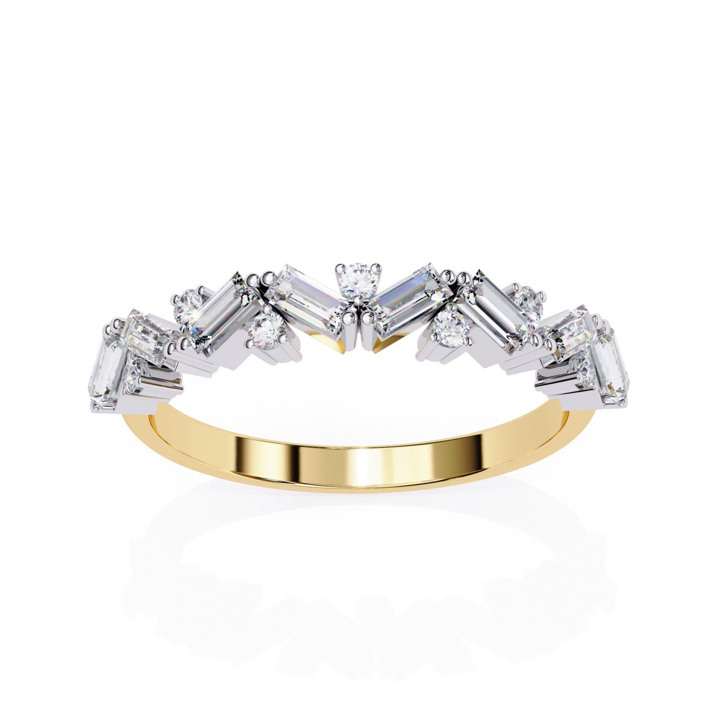 Side view of a yellow gold band with baguette and round diamonds set along the top