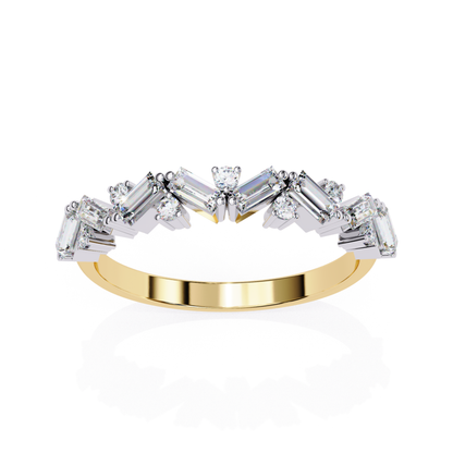 Side view of a yellow gold band with baguette and round diamonds set along the top