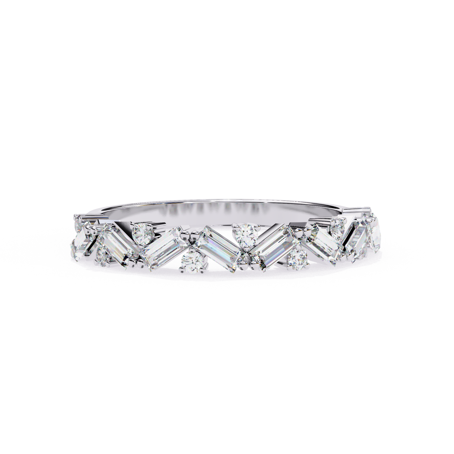 Top view of a white gold band featuring baguette diamonds arranged in a zigzag pattern