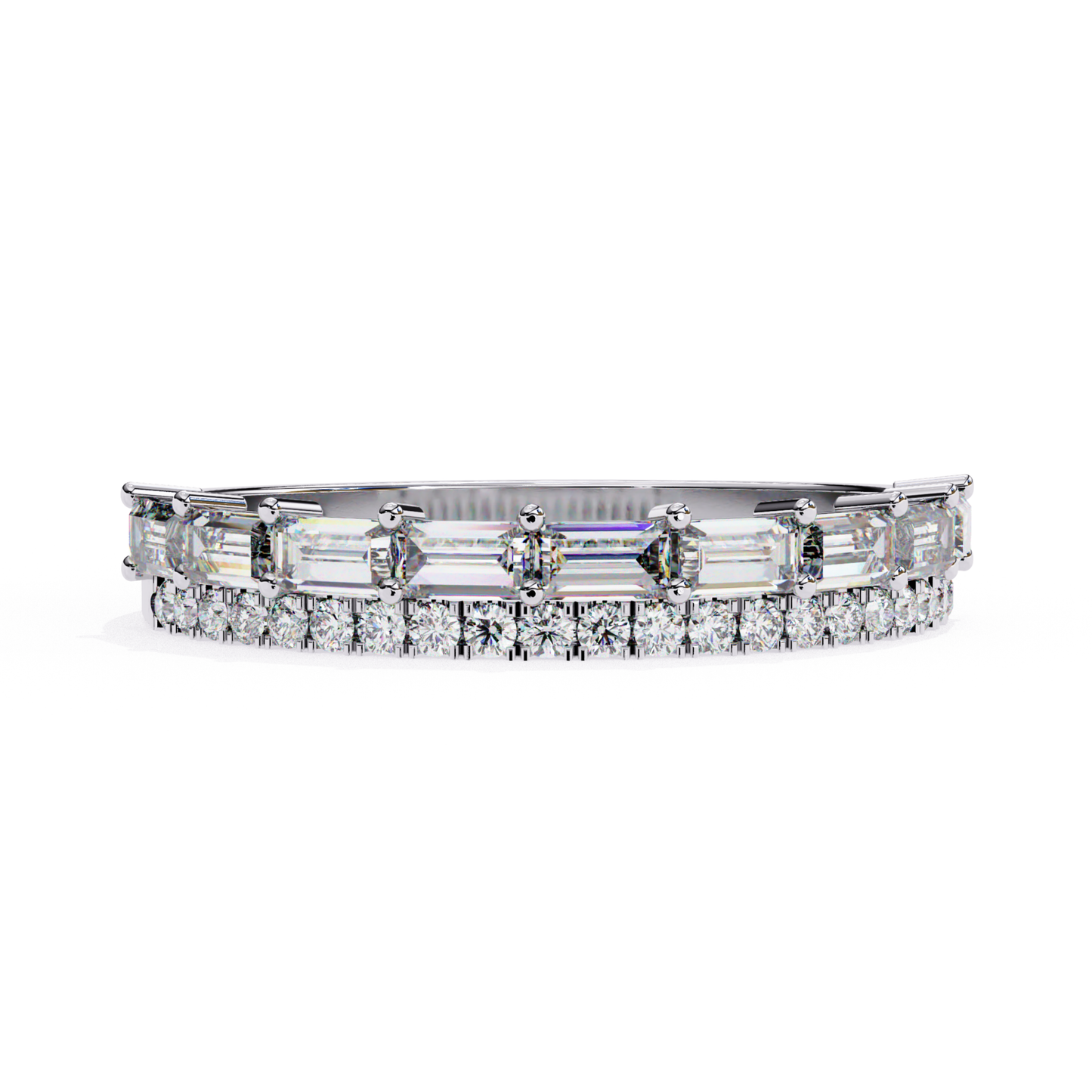 Front view of a white gold band featuring baguette and round cut diamonds