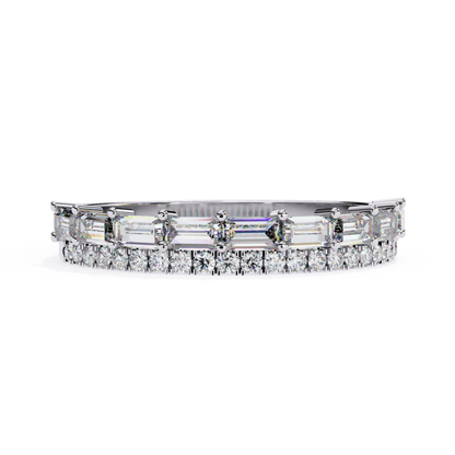 Front view of a white gold band featuring baguette and round cut diamonds