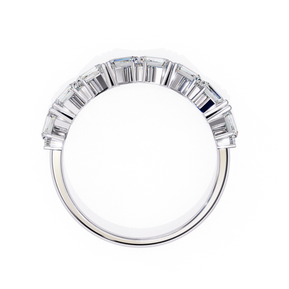 Angled side view of a white gold ring with baguette cut diamonds in a curved setting