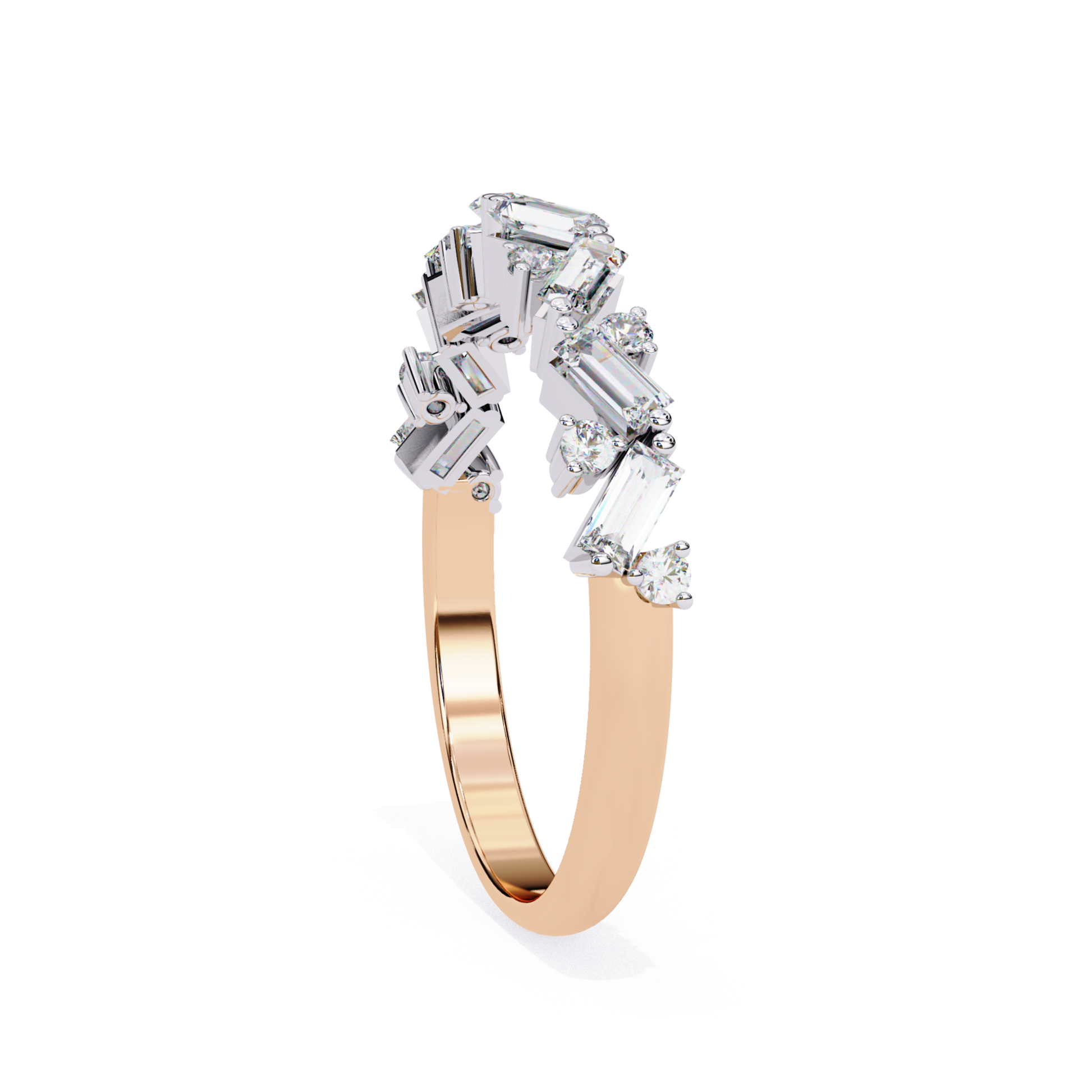 Angled side view of a white gold ring featuring baguette diamonds with round stones