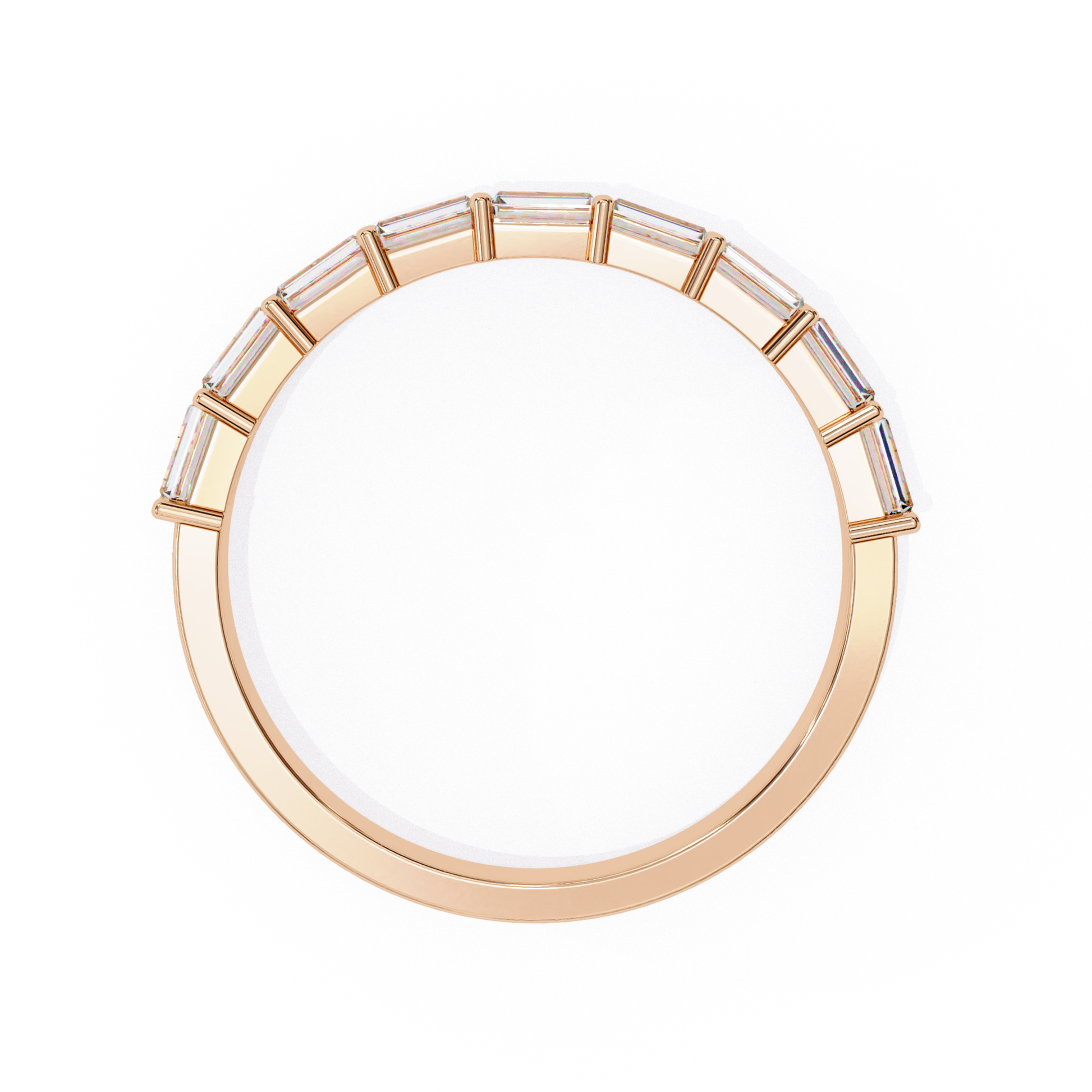 Top view of rose gold ring displaying baguette cut diamonds in a curved setting