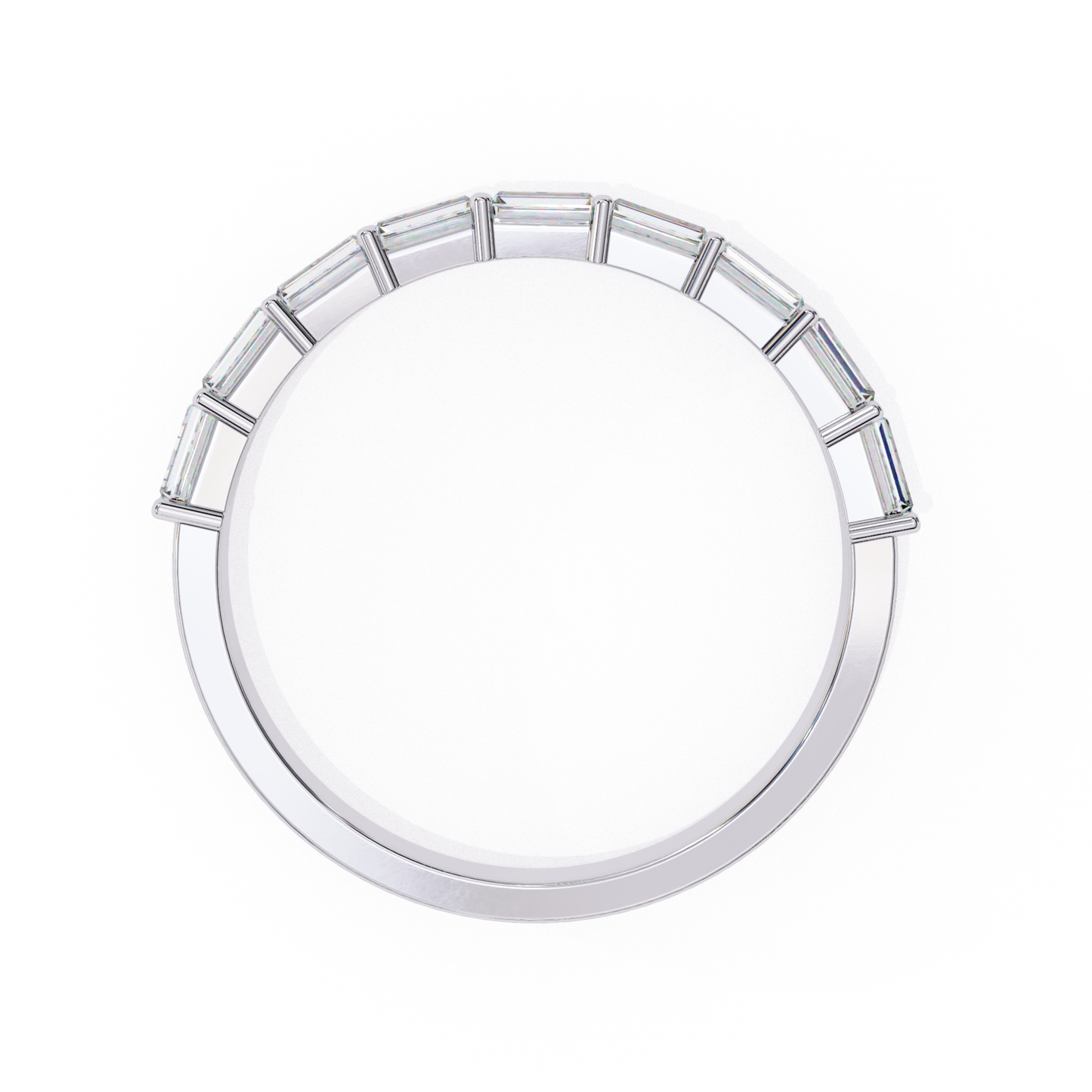 Top view of white gold ring featuring a row of baguette cut diamonds