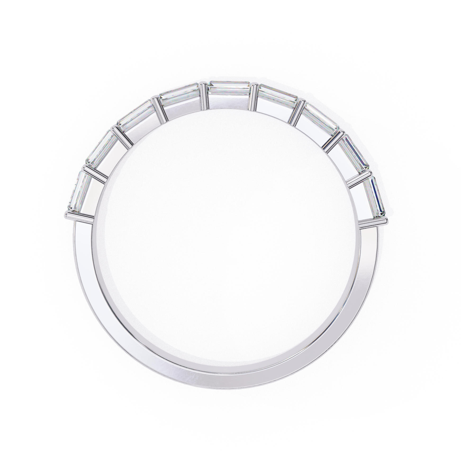 Top view of white gold ring featuring a row of baguette cut diamonds
