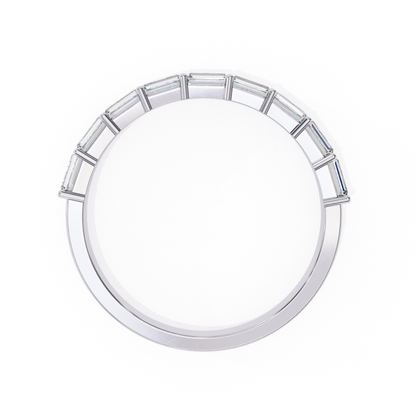 Top view of white gold ring featuring a row of baguette cut diamonds