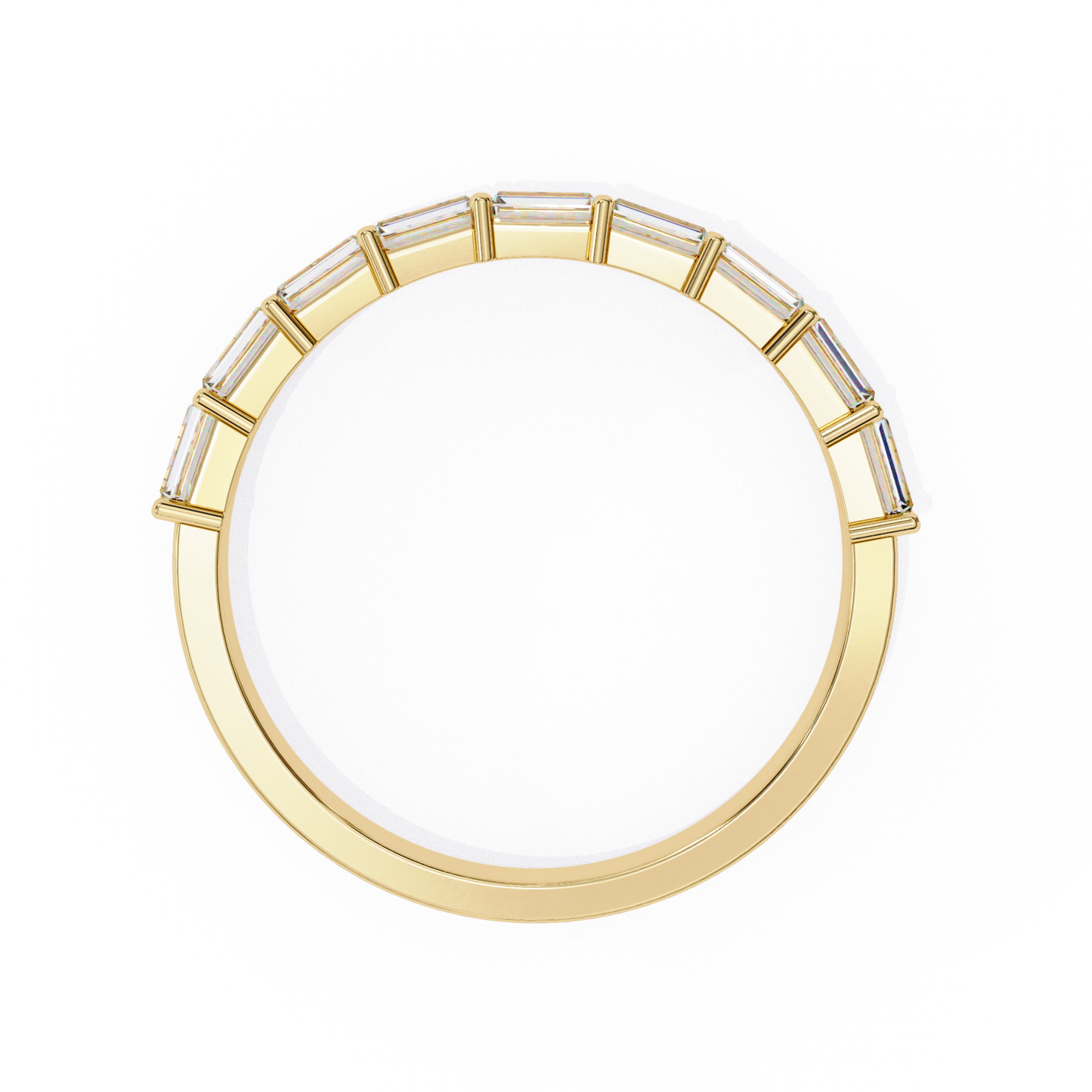 Top view of yellow gold ring with baguette cut diamonds set along the band