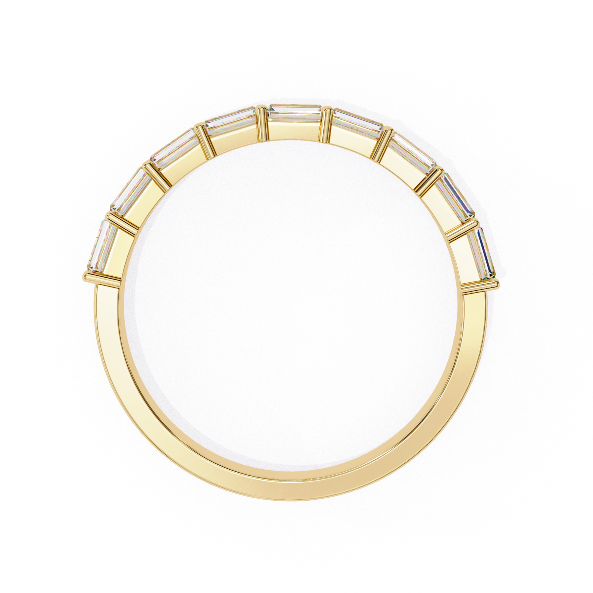 Top view of yellow gold ring with baguette cut diamonds set along the band