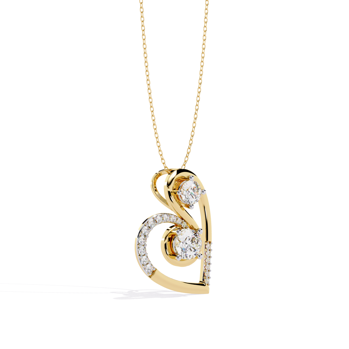 Angled view of yellow gold heart pendant showing curved open design with two round diamond settings