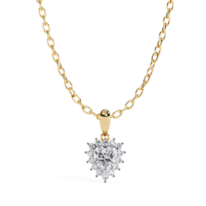 Front view of a yellow gold diamond cluster pendant with round brilliant diamonds