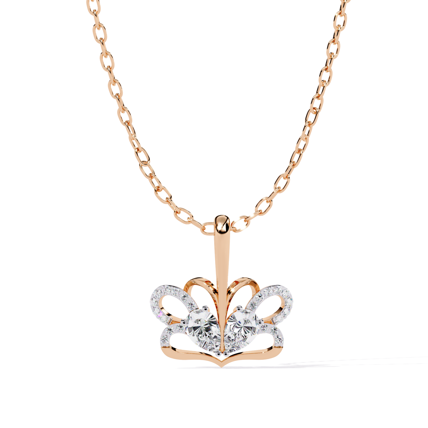 front view diamond crown pendant in rose gold with round center diamonds