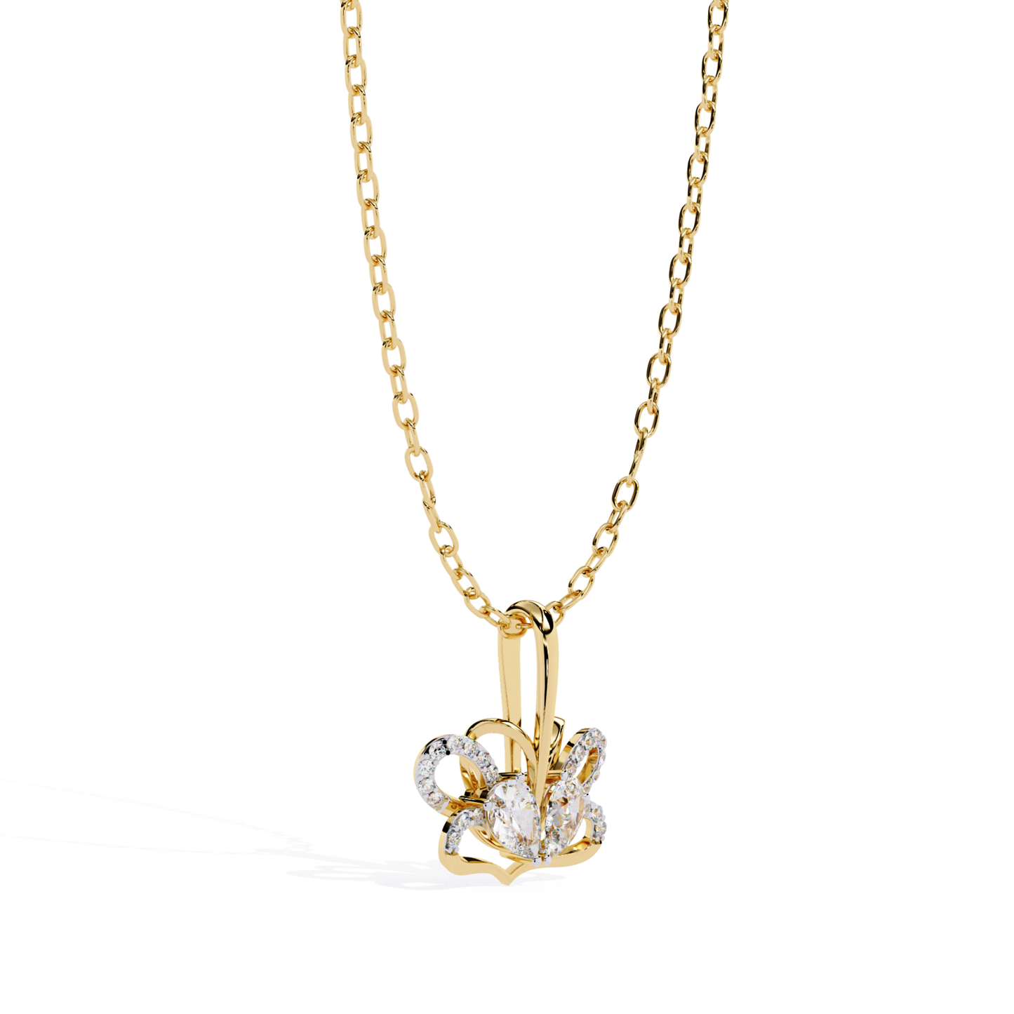 side view diamond crown pendant in yellow gold with round diamonds
