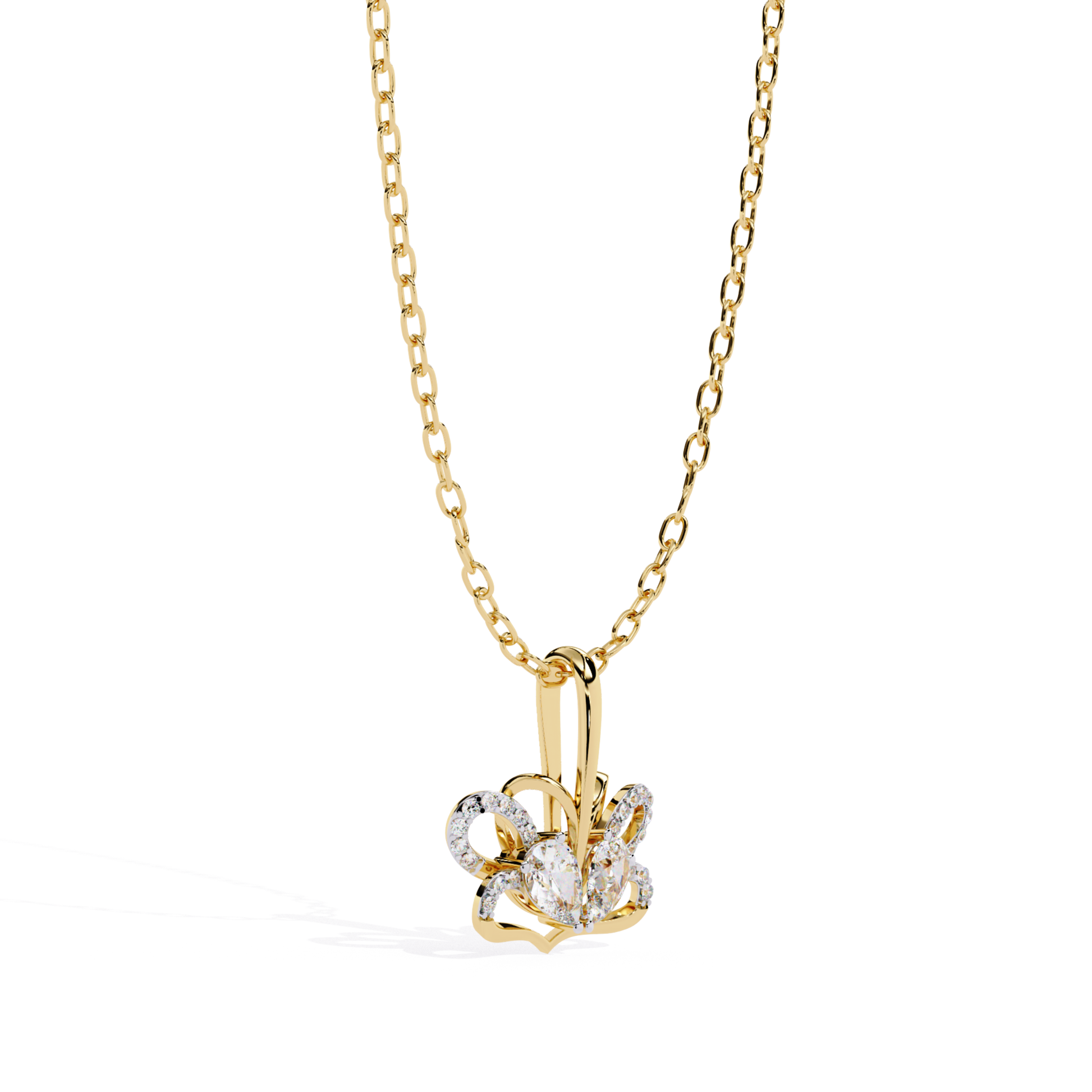 side view diamond crown pendant in yellow gold with round diamonds
