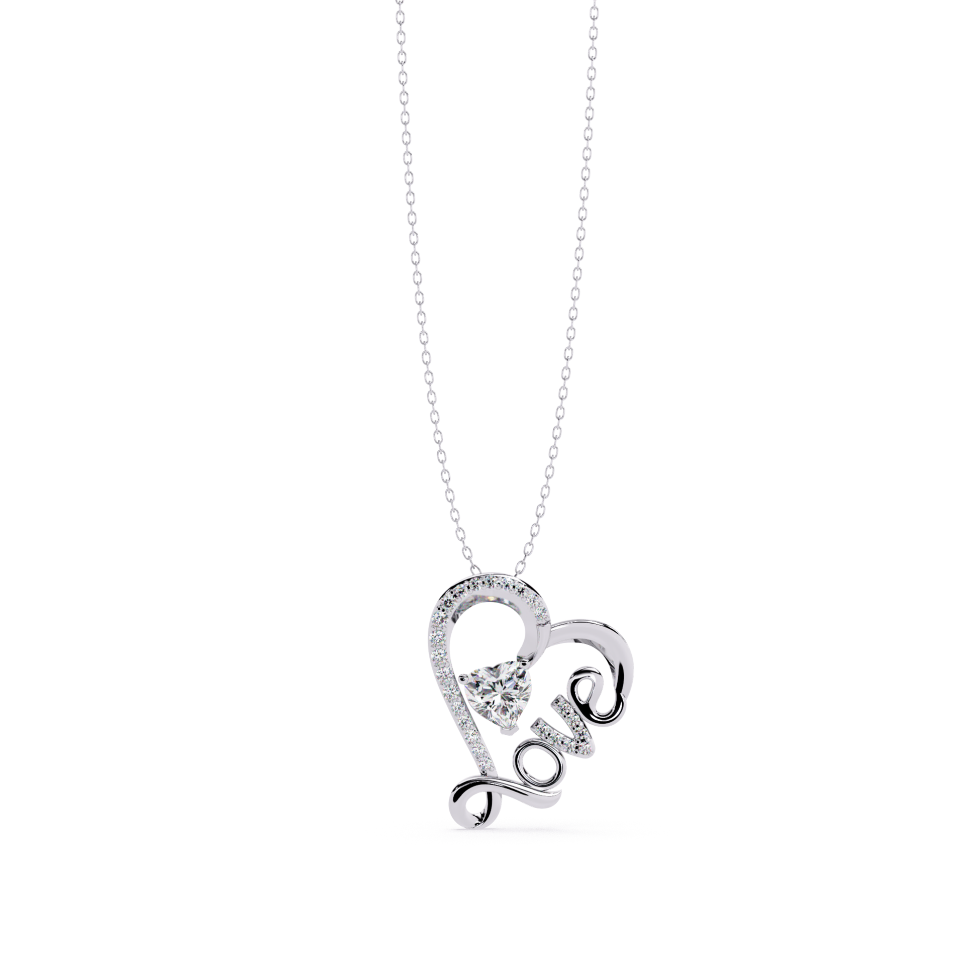 front view diamond heart love pendant in white gold with heart center stone