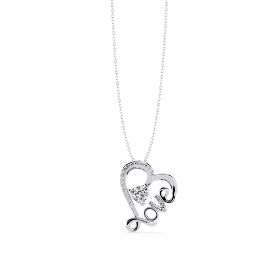 front view diamond heart love pendant in white gold with heart center stone