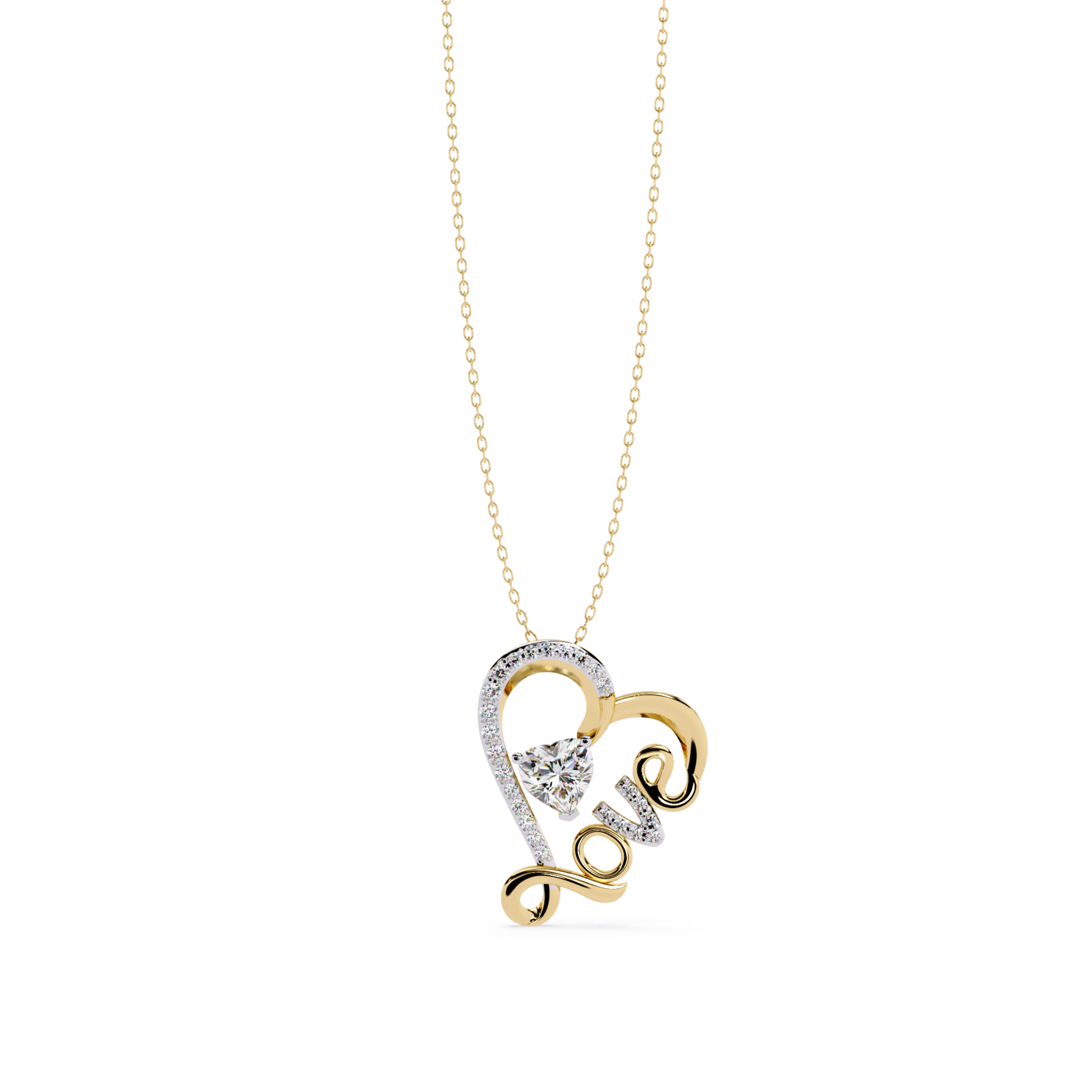 front view diamond heart love pendant in yellow gold with heart center stone