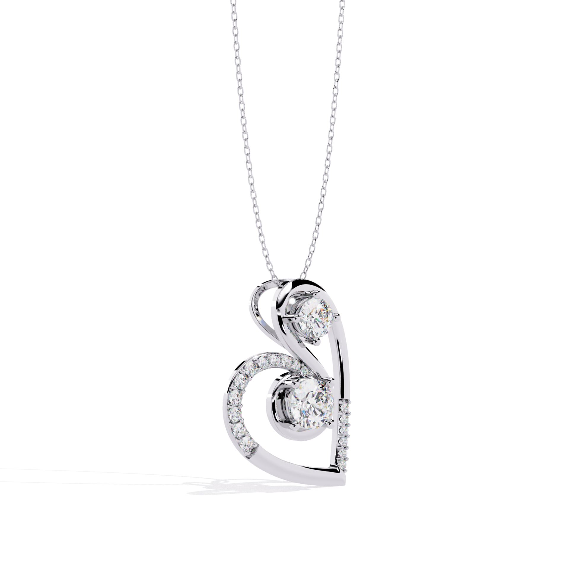 Angled view of white gold heart pendant highlighting layered curves and round diamond placement
