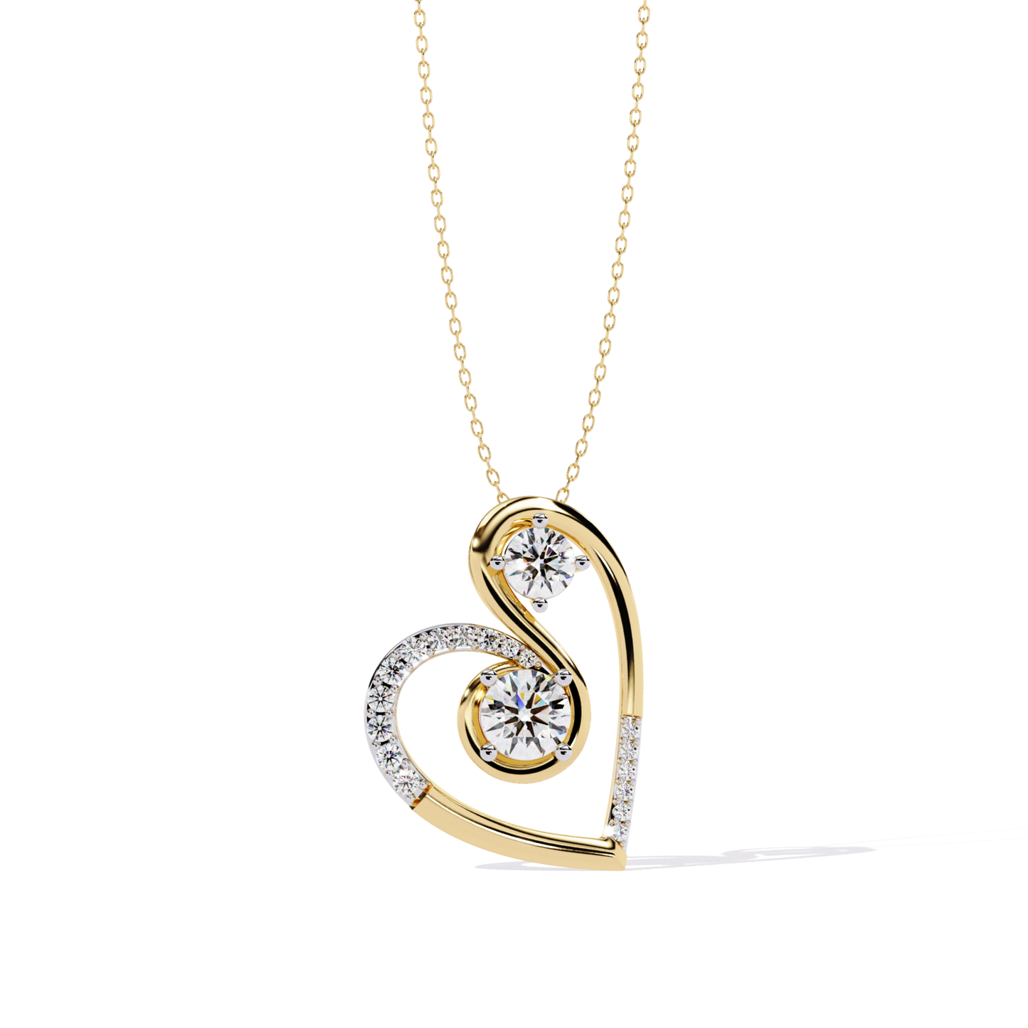 Front view of yellow gold diamond heart pendant with curved open design and round stones