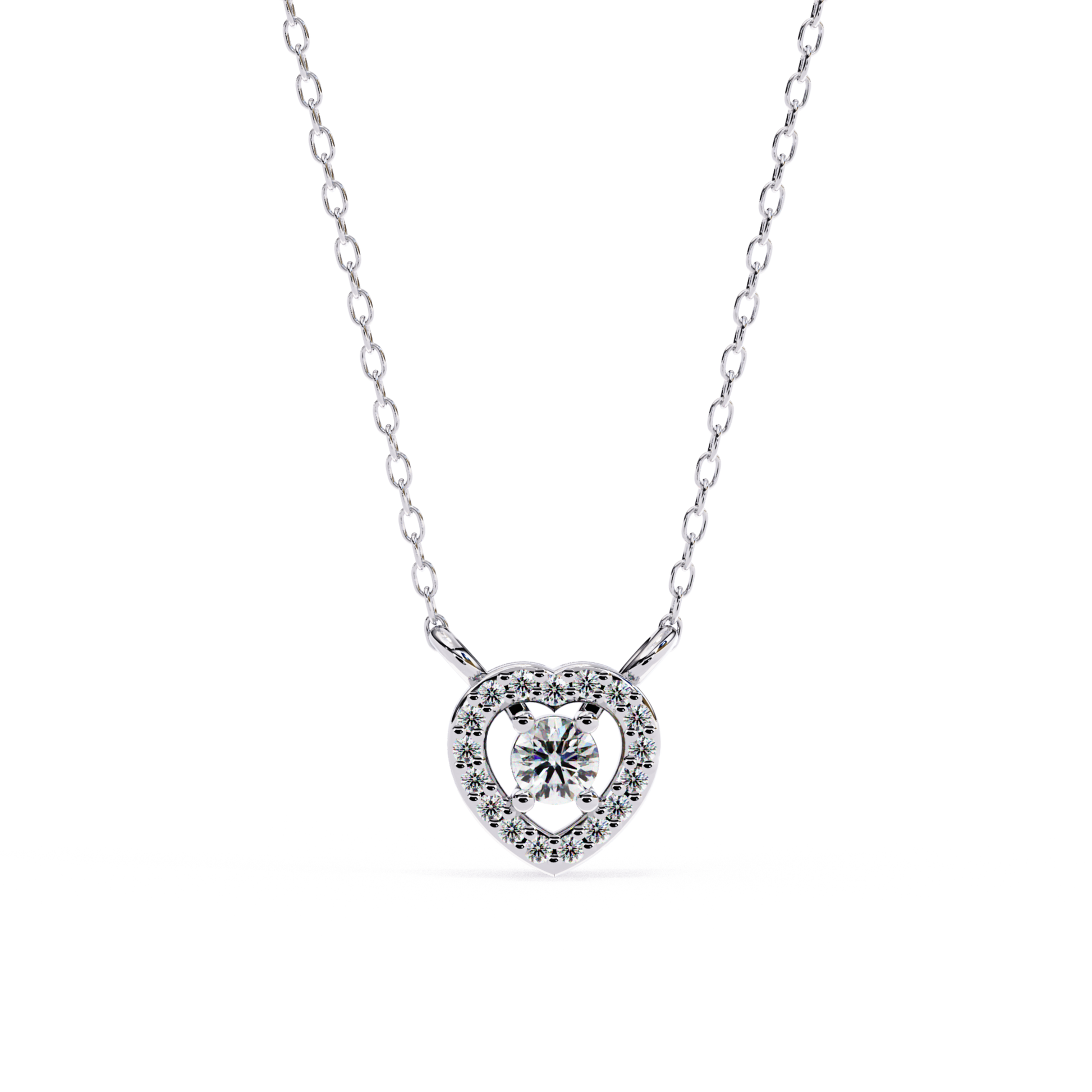A white gold or silver necklace featuring a heart-shaped pendant with a central round-cut diamond surrounded by smaller pave-set diamonds, suspended on a delicate chain.