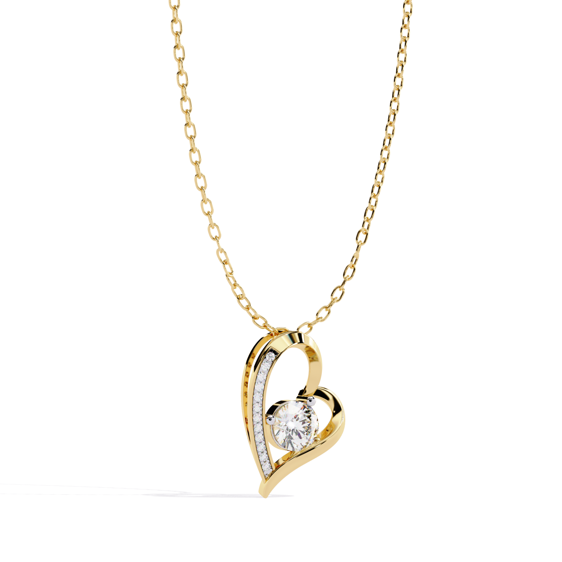 angled view diamond heart pendant necklace in yellow gold with round center diamond