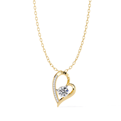 front view diamond heart pendant necklace in yellow gold with round center stone