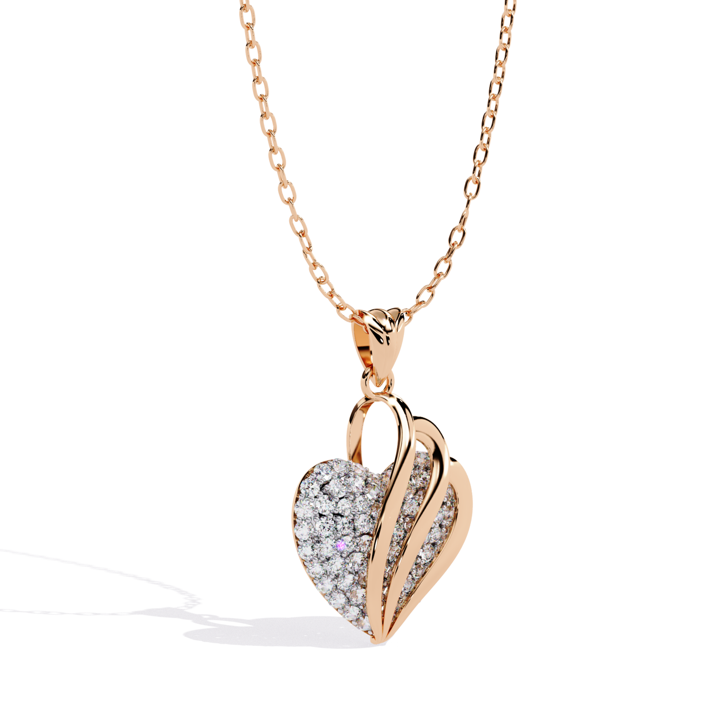 angled front view diamond heart pendant in rose gold with pave diamond finish