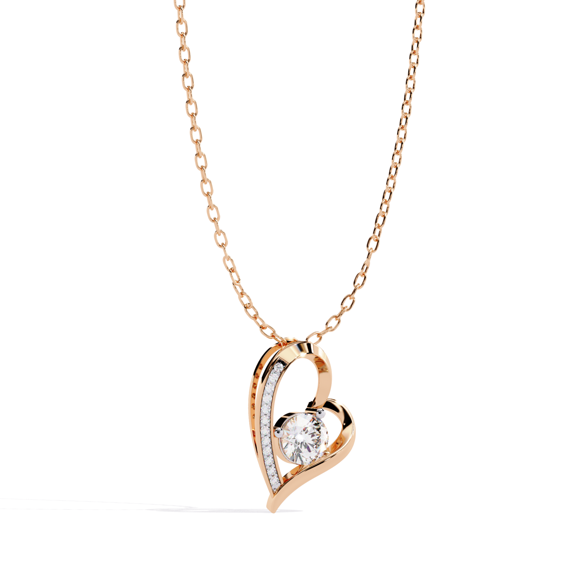 angled front view diamond heart pendant in rose gold with round center stone