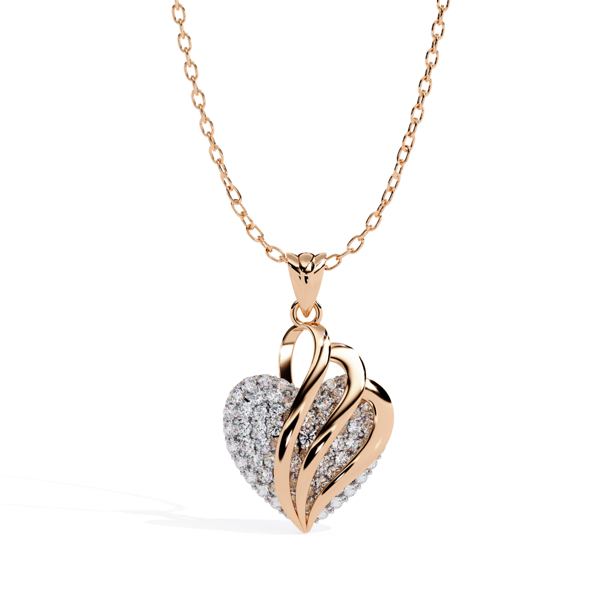  hero view diamond heart pendant in rose gold with diamond finish