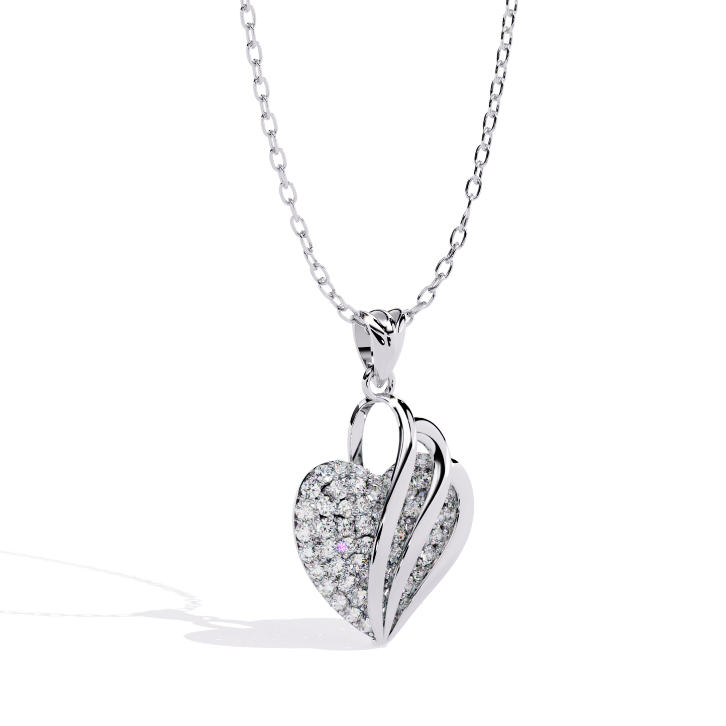 angled front view diamond heart pendant in white gold with pave diamond detailing
