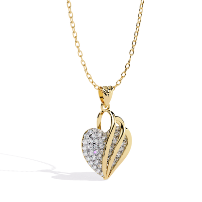 angled front view diamond heart pendant in yellow gold with pave diamond surface