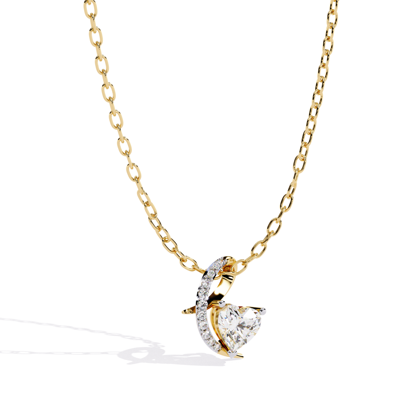 Heart-shaped diamond pendant in yellow gold with pavé accent curve