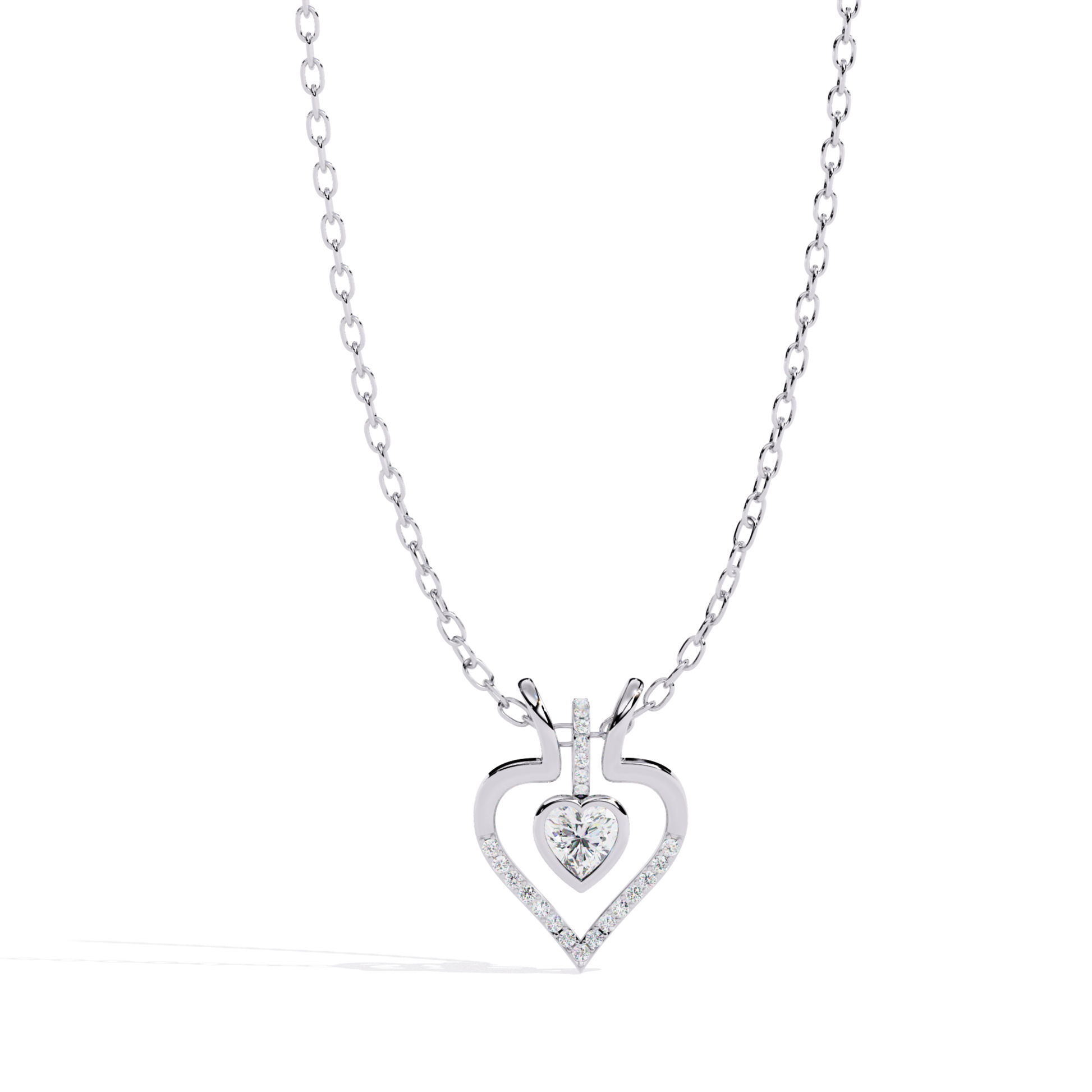 straight front view white gold heart pendant with heart cut diamond centerpiece and round brilliant diamonds set in curved heart frame design
