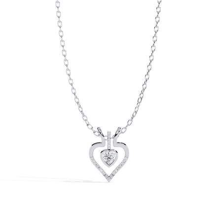 straight front view white gold heart pendant with heart cut diamond centerpiece and round brilliant diamonds set in curved heart frame design