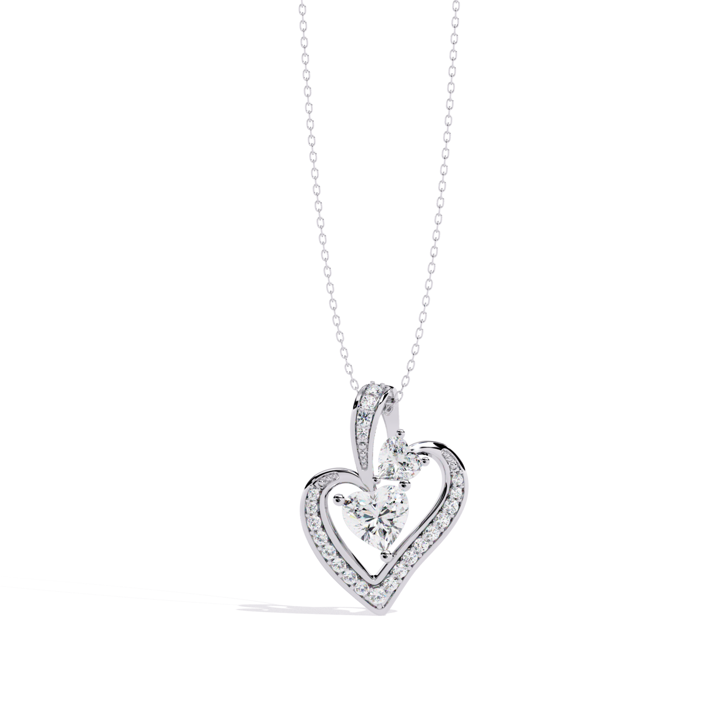 straight view white gold pendant featuring layered heart setting with diamonds