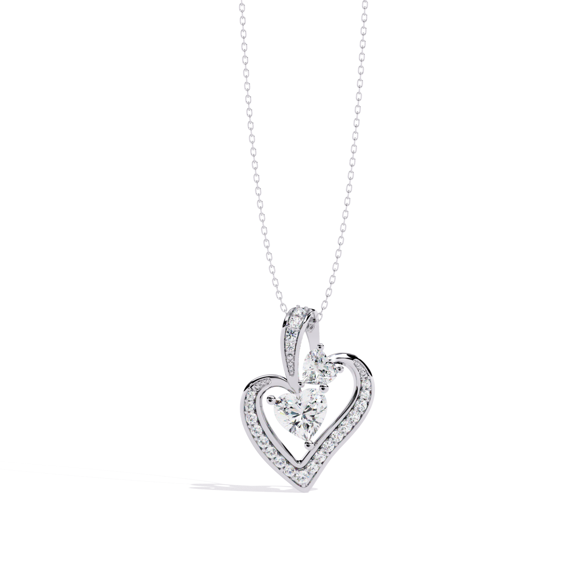 straight view white gold pendant featuring layered heart setting with diamonds