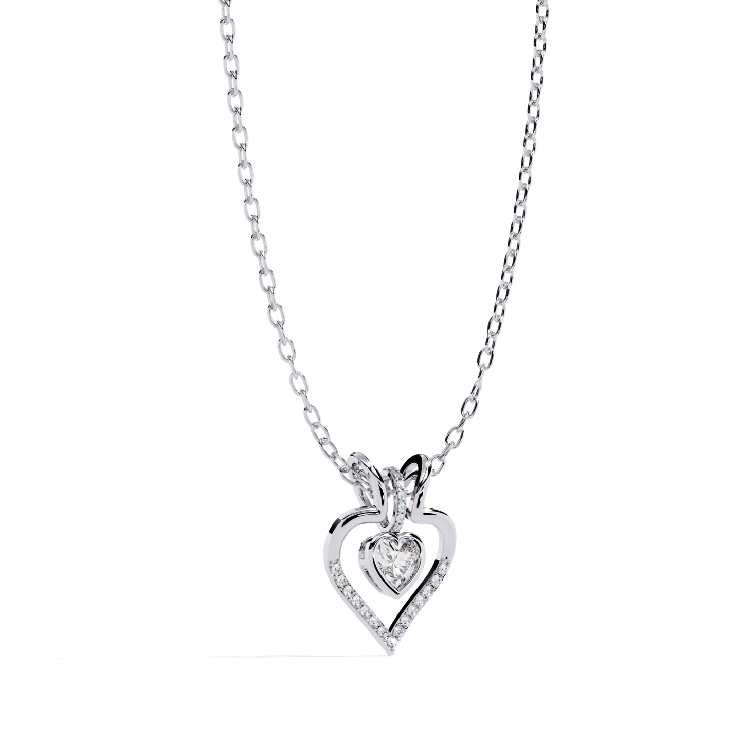 double heart diamond pendant in white gold with heart cut center stone and round diamonds in fine prong setting