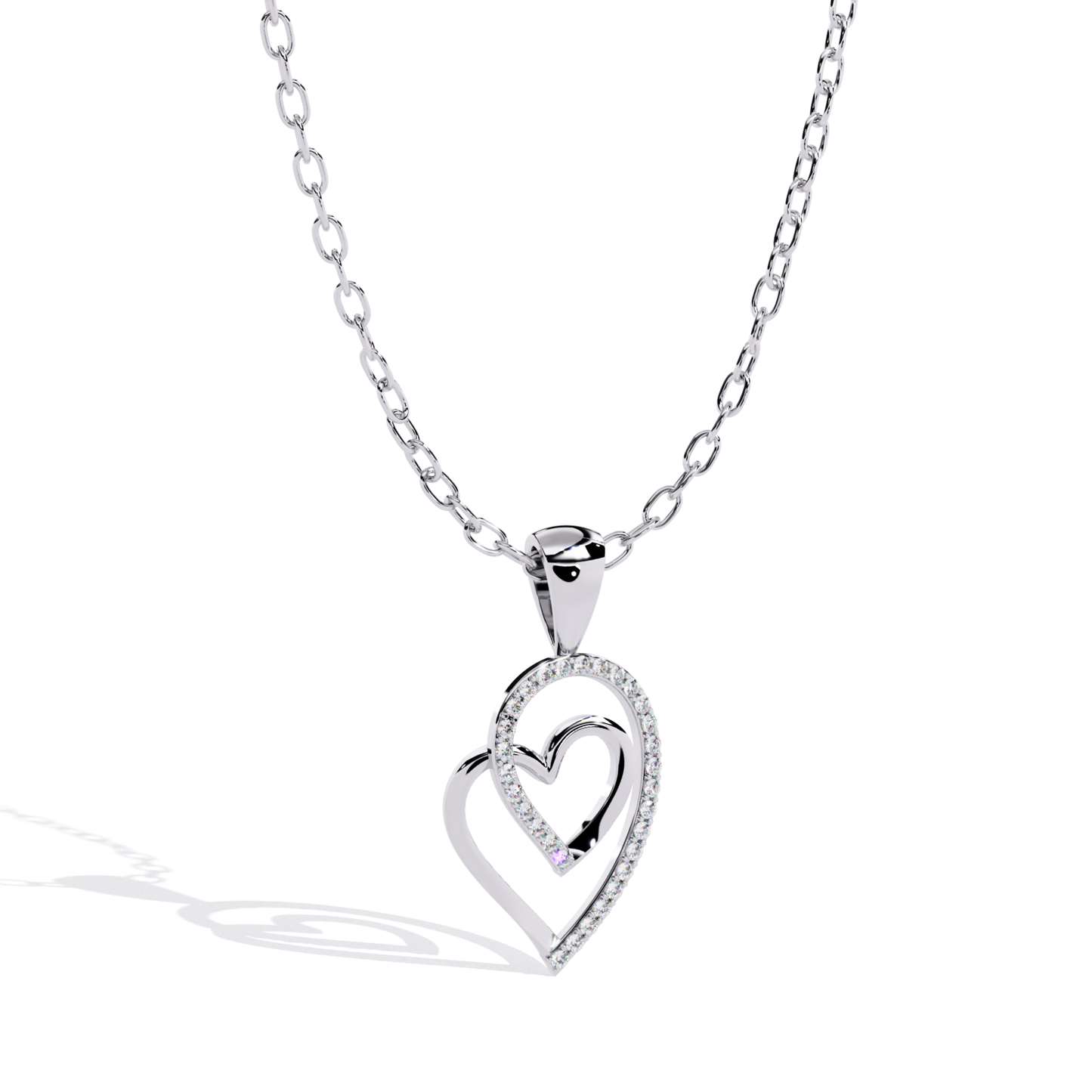 Angled view of an open double heart pendant featuring a smooth inner heart and round-cut accent diamonds placed along the outer heart outline