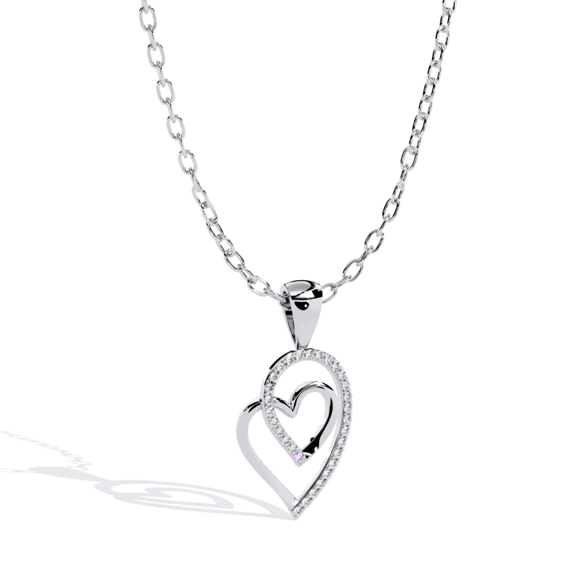 Angled view of an open double heart pendant featuring a smooth inner heart and round-cut accent diamonds placed along the outer heart outline