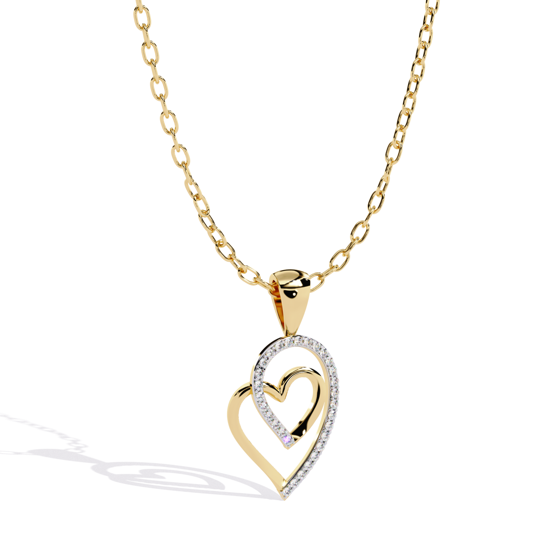 Angled view of a double heart pendant showing an open inner heart design with round-cut accent diamonds set along the outer heart curve
