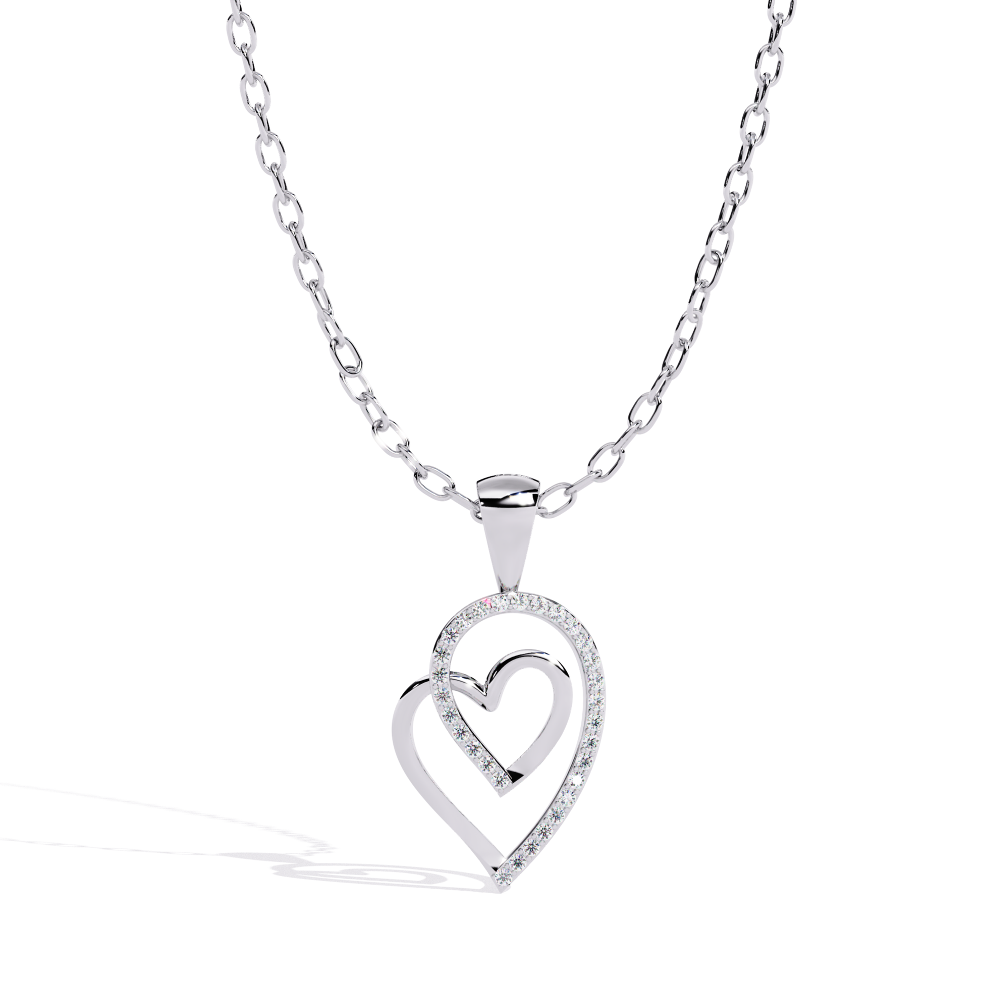 Front-facing view of an open double heart pendant with a smooth inner heart and round-cut accent diamonds arranged along the outer heart outline