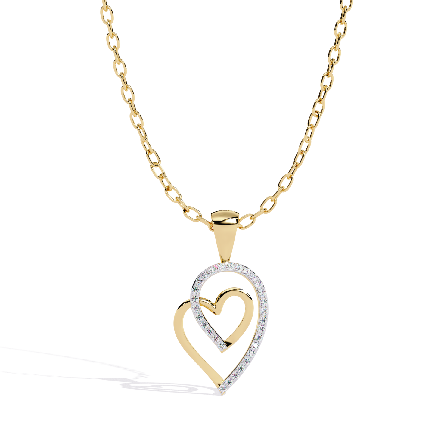 Front view of a double heart pendant featuring an open heart design with a smaller inner heart and round-cut accent diamonds set along the outer curve