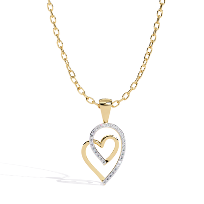 Front view of a double heart pendant featuring an open heart design with a smaller inner heart and round-cut accent diamonds set along the outer curve