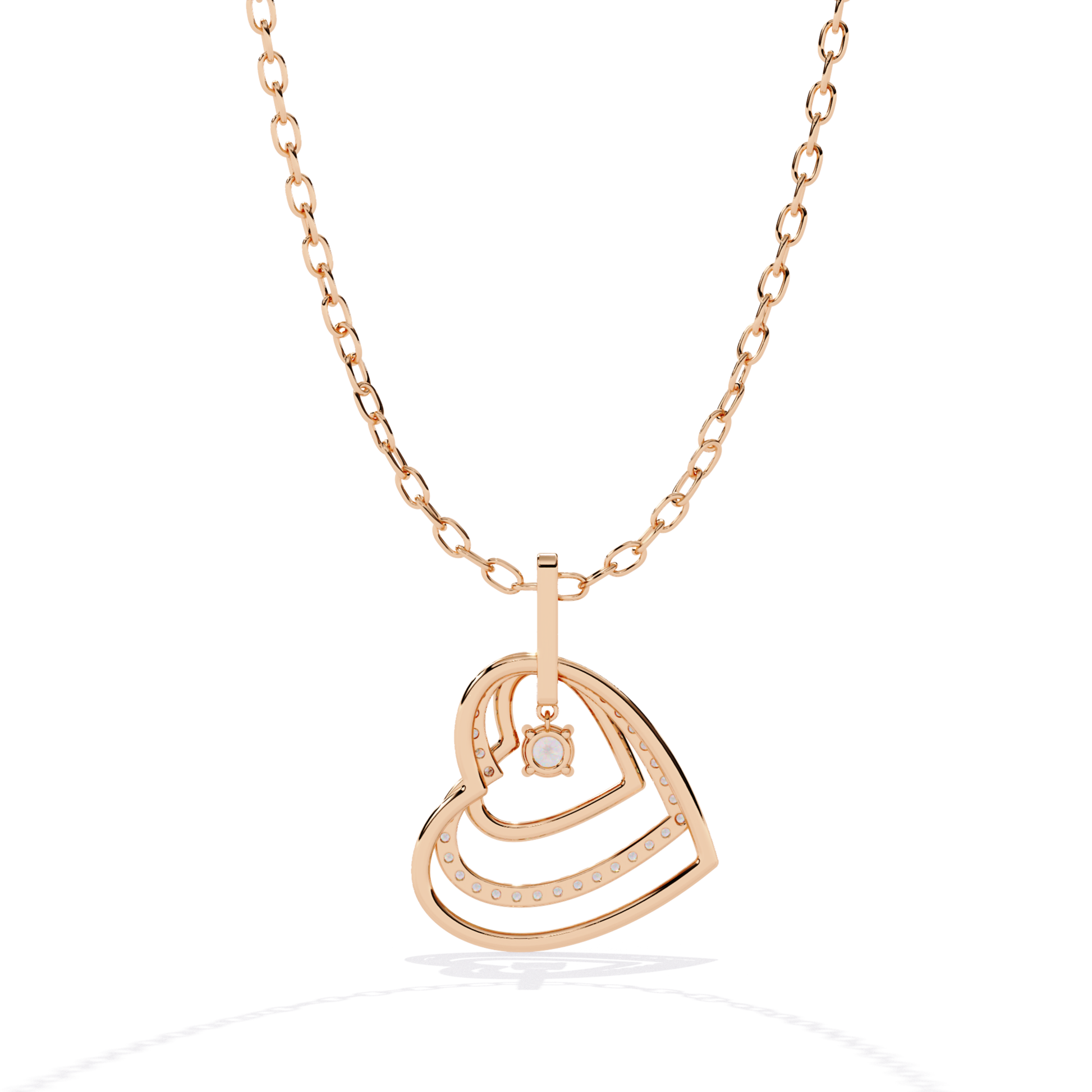 double open heart cutout pendant detail showing diamond seat holes inside layered heart form