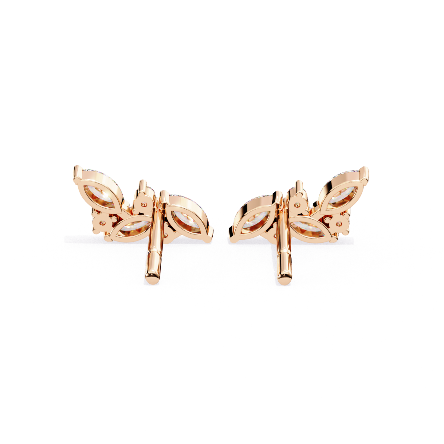 Rose gold butterfly earrings on a white background