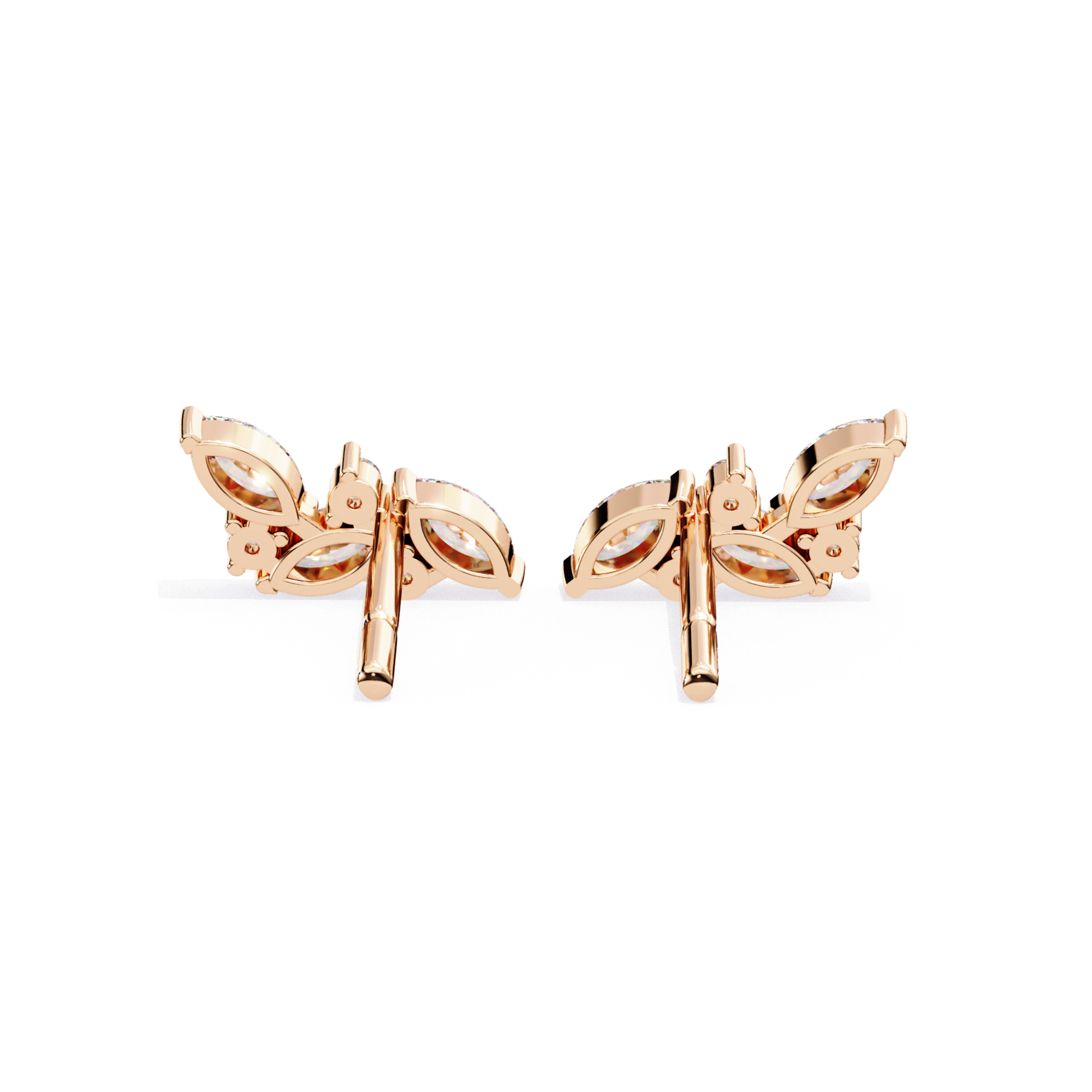 Rose gold butterfly earrings on a white background