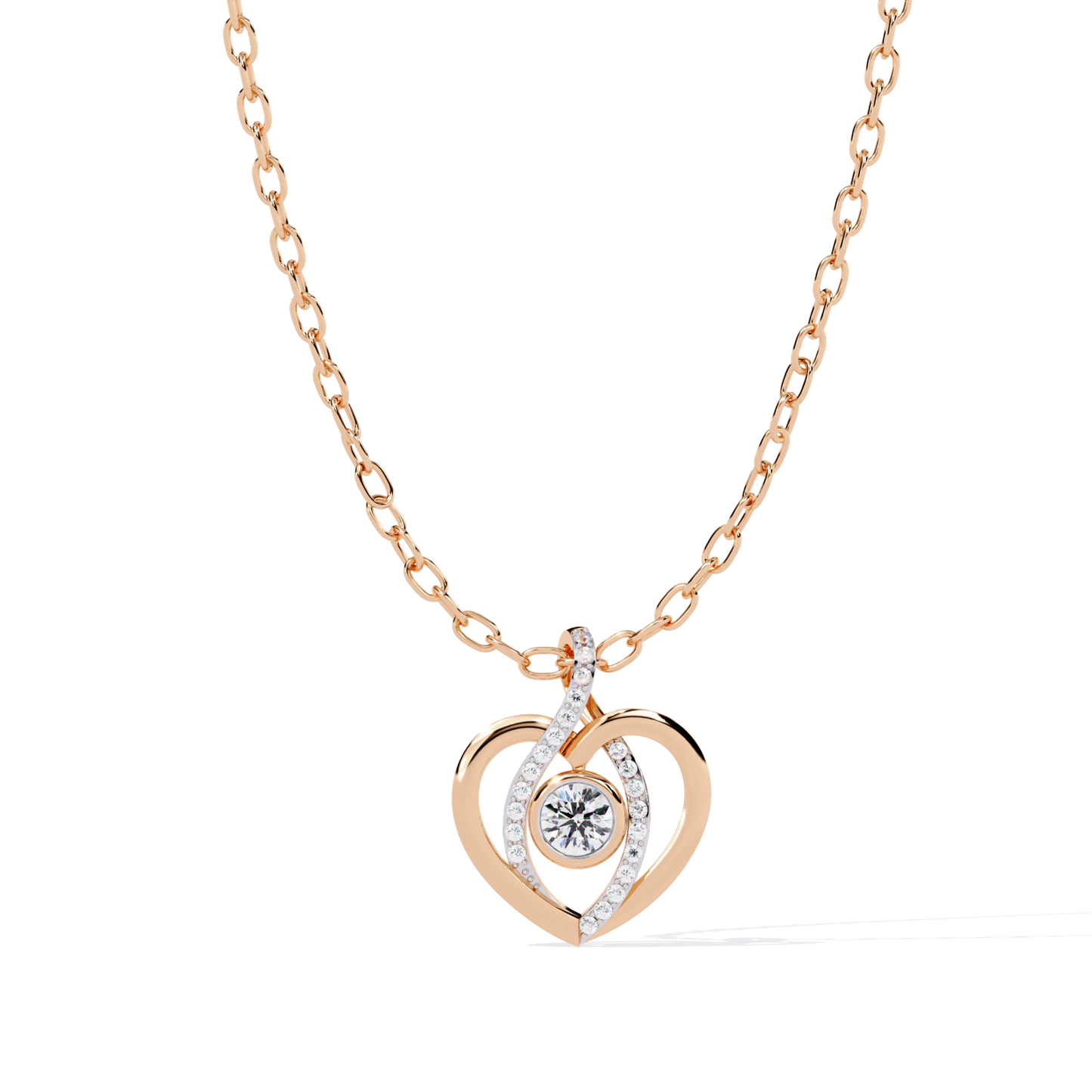rose gold heart pendant with round diamond centerpiece and flowing diamond set design