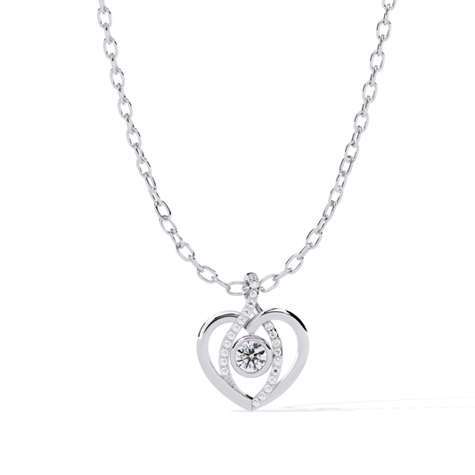heart design pendant in white gold featuring a round center diamond with diamond detailed curves